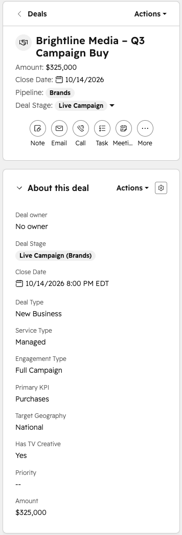 A deal record showing the custom deal properties: Service Type, Engagement Type, Primary KPI, Target Geography, Has TV Creative, Invoiced to Date.